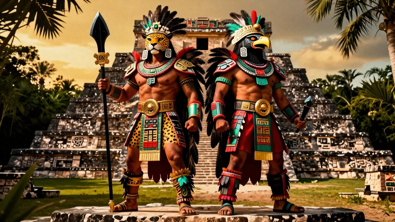 Guerreros aztecas Jaguar y Águila, con armadura elaborada, en una plataforma ceremonial mesoamericana.