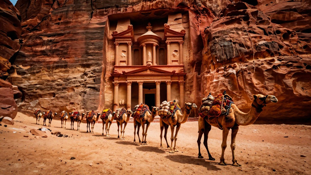 Caravanas de camellos cargados de especias transitan por un cañón de arenisca con ruinas monumentales.