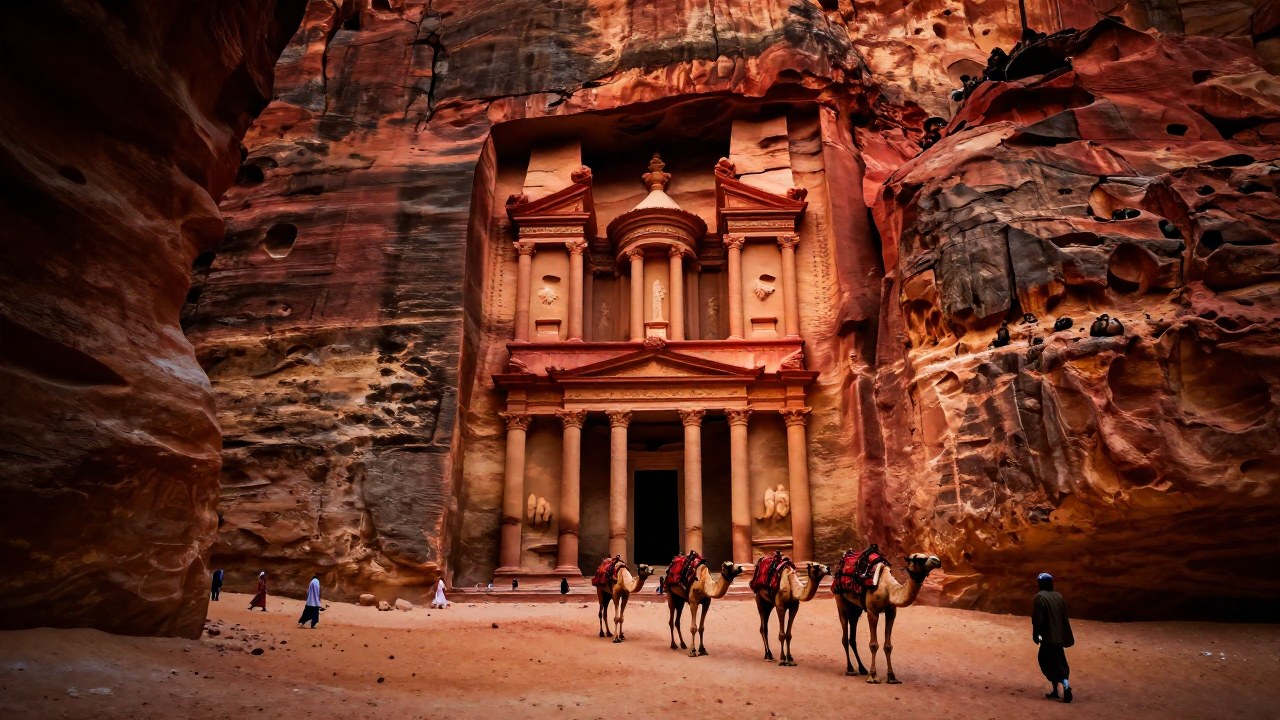 Caravana nabatea de camellos atraviesa un cañón de arenisca con fachadas masivas de ciudad antigua.