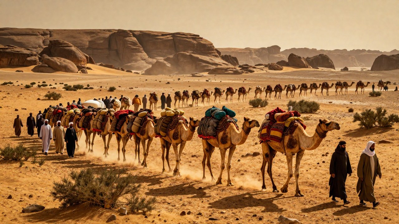 Caravanas de camellos cargados de incienso resinado transportan mercancías en la antigua Ruta del Incienso.