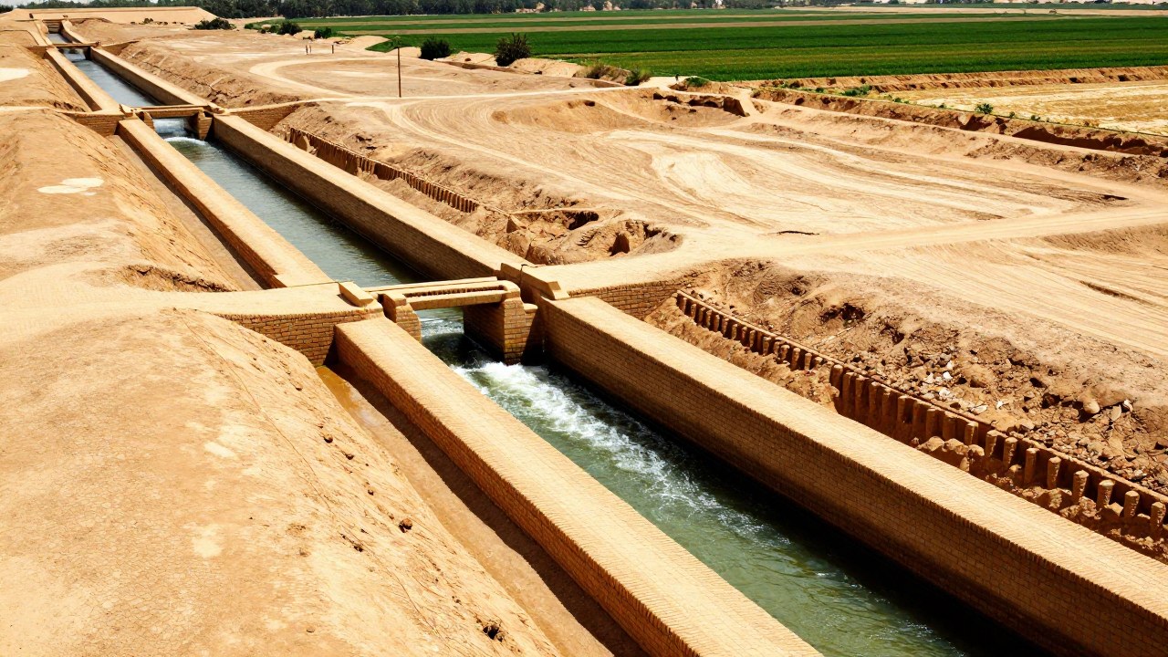 Red de canales de barro en Mesopotamia que distribuye agua a campos cultivados.