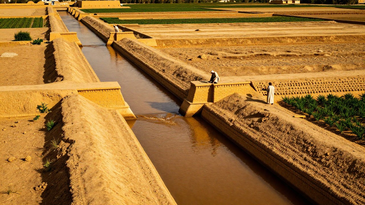 Canales de irrigación mesopotámicos en una llanura árida, con figuras históricas manteniendo las estructuras hidráulicas.