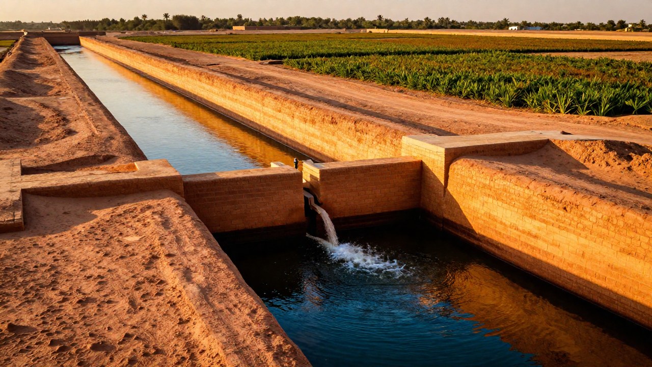 Canal de irrigación mesopotámico controla el flujo de agua hacia los campos cultivados.