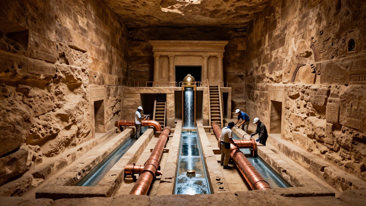Especialistas examinando un sistema hidráulico antiguo en el interior de las pirámides de Giza.