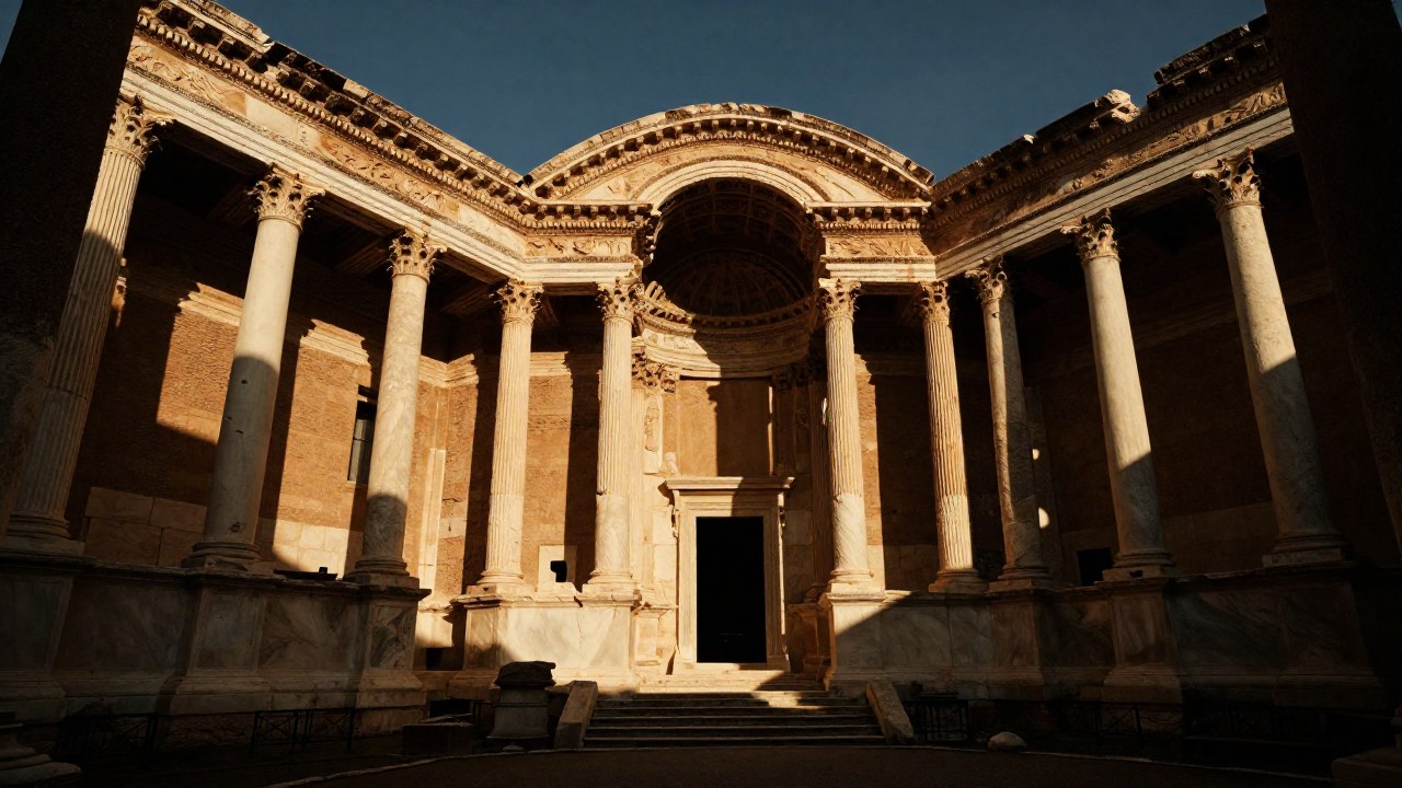 Monumentales ruinas del Foro Romano, con columnas y arcos clásicos construidos en mármol envejecido.