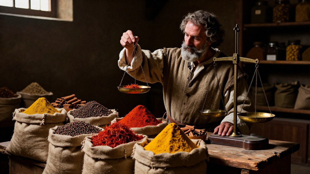 Mercader examina especias coloridas en un almacén medieval, sopesándolas con una balanza para el comercio.