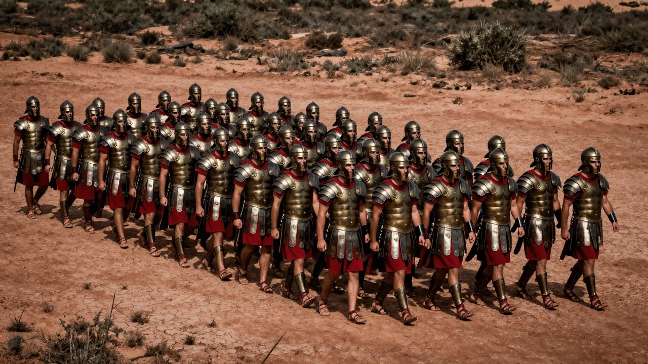 Hoplitas espartanos en formación disciplinada marchan sincronizados en un terreno árido.