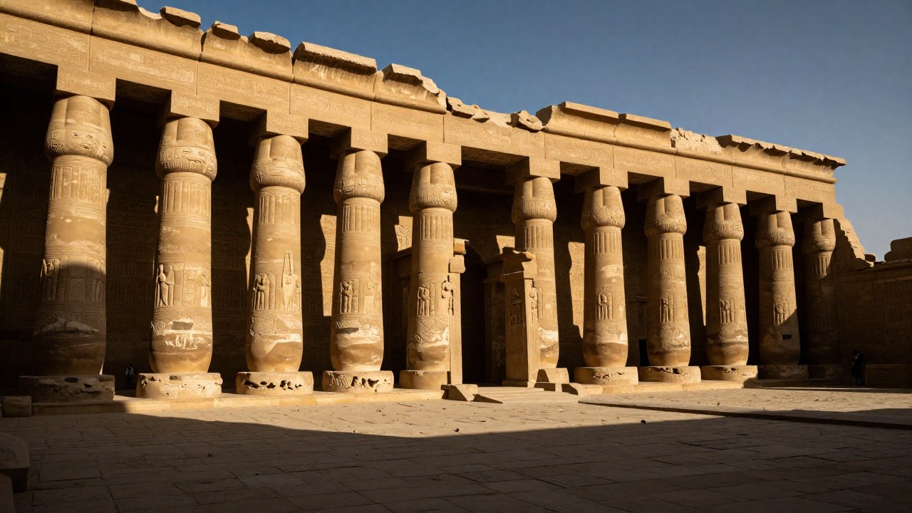 Pilonos y columnas del Templo de Karnak en Egipto, destacando la magnitud y la historia de su arquitectura.