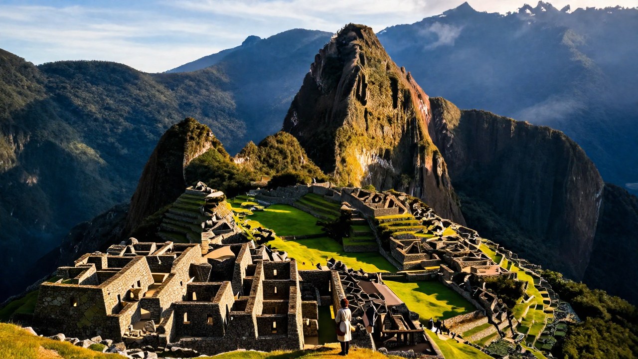 Una figura observa las ruinas monumentales de Machu Picchu en el entorno del Perú andino.