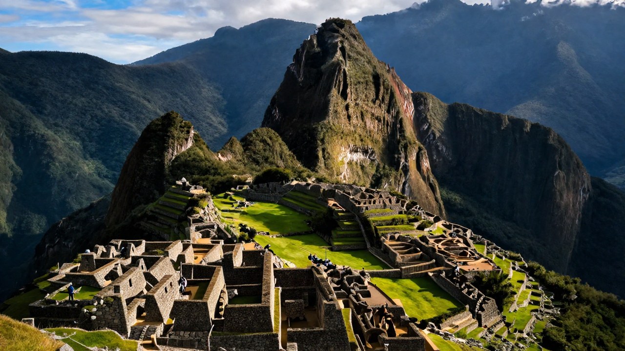 Ciudadela de Machu Picchu en los Andes peruanos, con estructuras de piedra y figuras humanas que muestran su escala monumental.