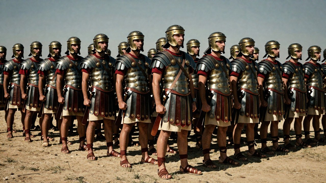 Legionarios romanos alineados en formación rígida en un campo de entrenamiento militar al sol.