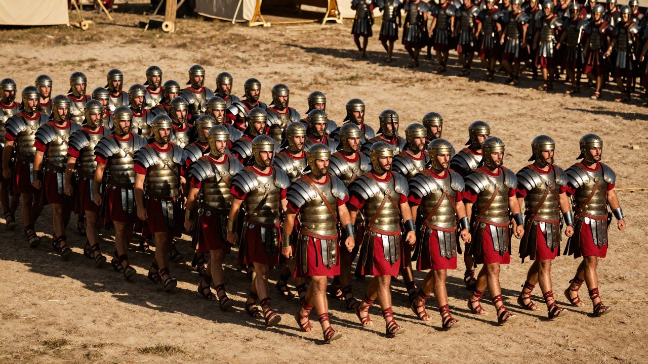 Legionarios romanos marchando en formación disciplinada durante un riguroso entrenamiento en un campamento.