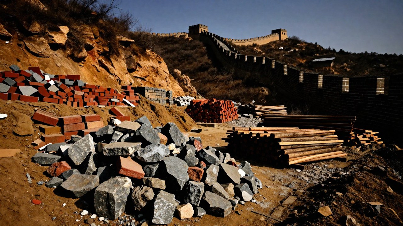 Acumulación de piedras y materiales de construcción junto a la masiva Muralla China en la colina.