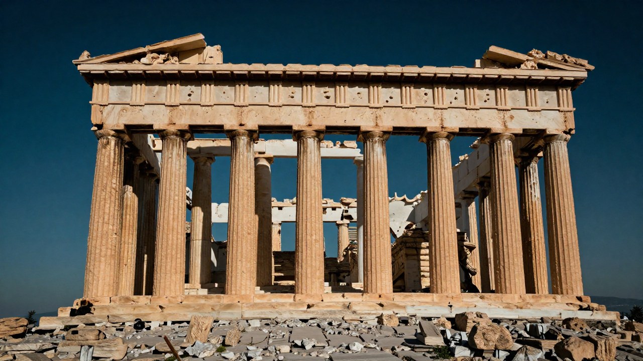 La fachada del Partenón en Atenas muestra columnas de mármol con signos de deterioro y el paso del tiempo.