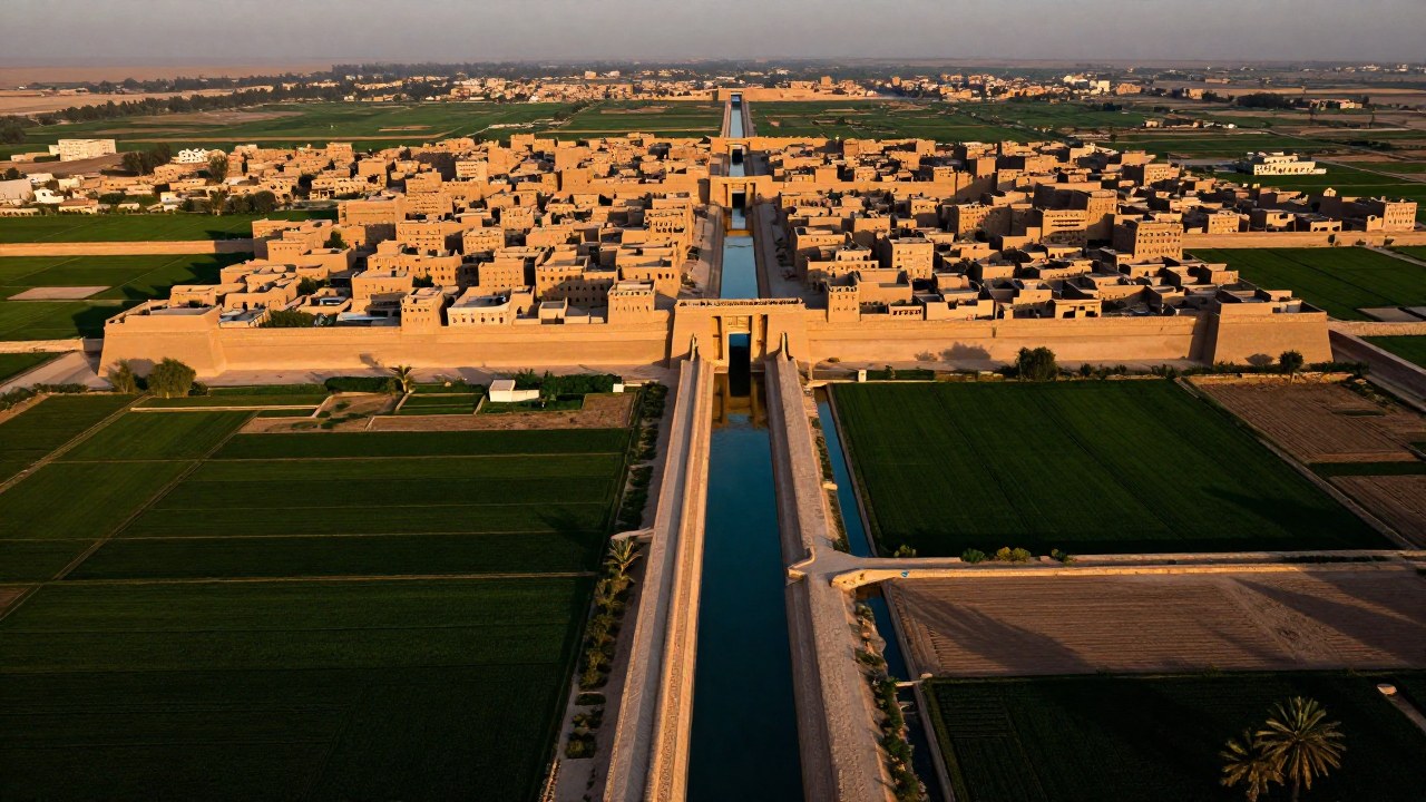 Ciudad mesopotámica y su vasto sistema de canales de irrigación que nutren campos agrícolas.
