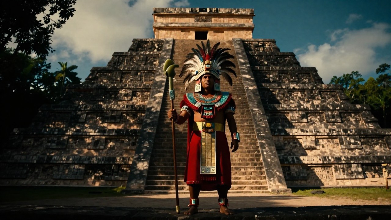 Guerrero azteca en armadura ceremonial sostiene un arma de obsidiana dentro de una pirámide mesoamericana.