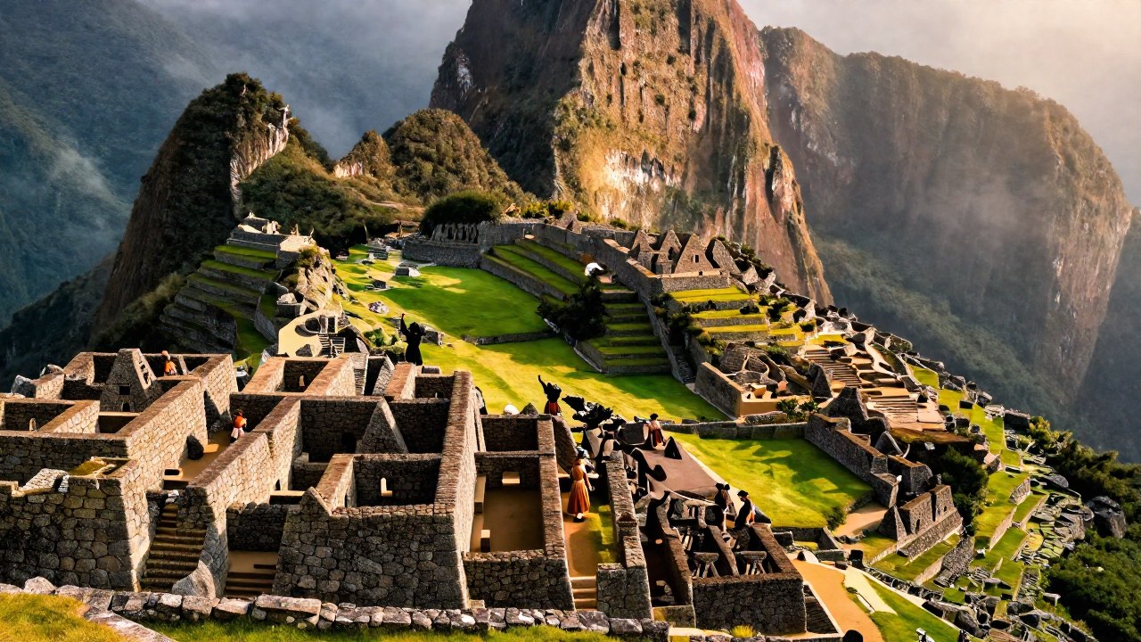 Machu Picchu en los Andes, mostrando su intrincada arquitectura inca con figuras y niebla ambiental.
