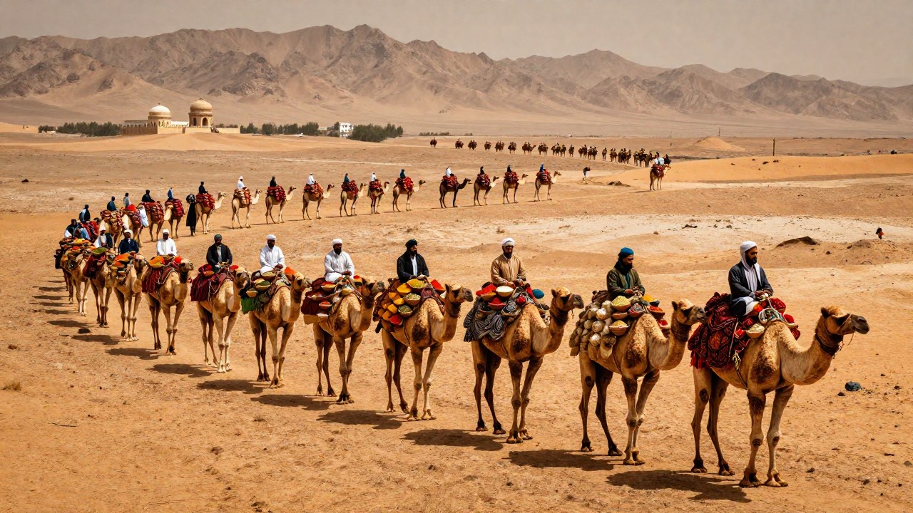 Caravanas de mercaderes transportan especias y sedas a través de Asia, simbolizando el poder del comercio terrestre.