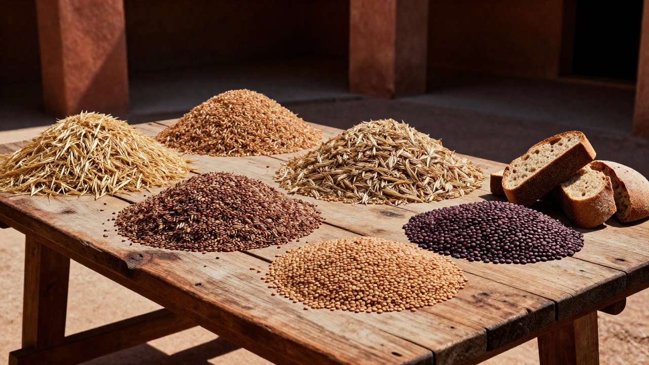 Ingredientes esenciales de la dieta de gladiadores romanos: pilas de cebada, lentejas y pan rústico.