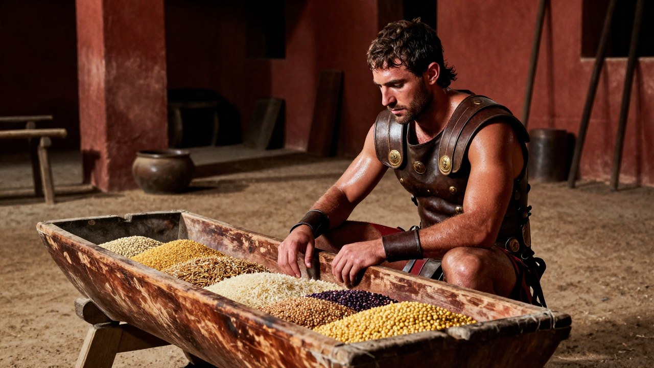 Gladiador romano en un patio de entrenamiento, descansando junto a un tazón de raciones de cereales.