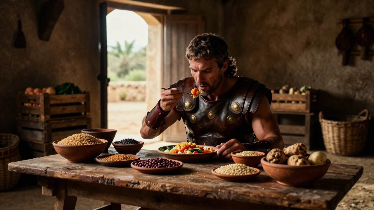 Un gladiador romano come una comida de granos y vegetales en su rústico campo de entrenamiento.