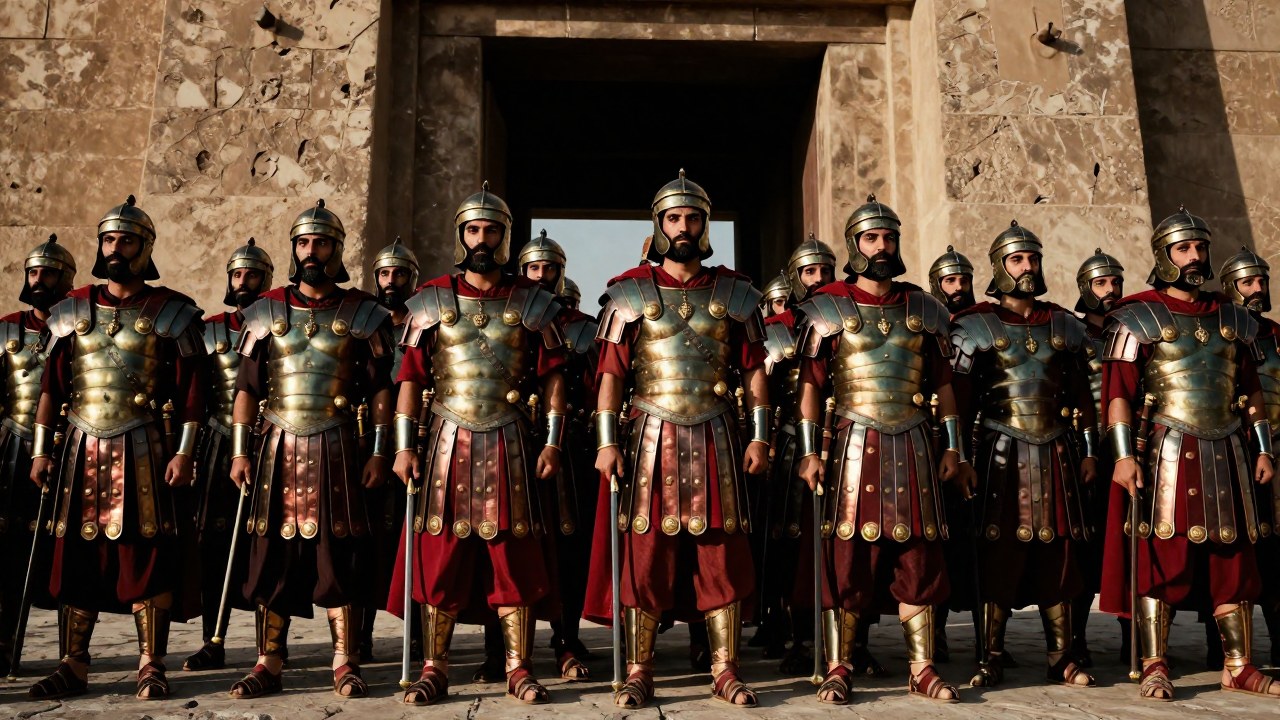 Soldados imperiales persas, fuertemente armados, en fila dentro de la monumental entrada de una fortaleza.