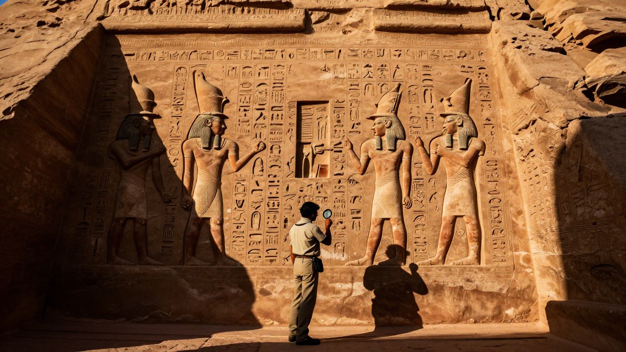 Un estudioso examina hieroglíficos monumentales en las paredes del Templo de Karnak.
