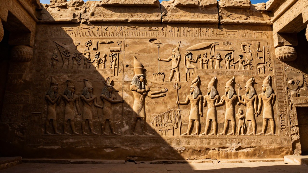 Relieves monumentales en la pared de Karnak que representan escenas egipcias de faraones y dioses.