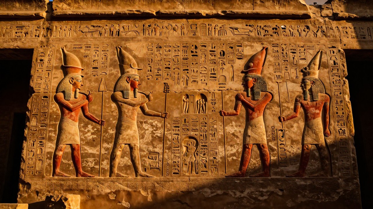 Relieves monumentales e intrincados jeroglíficos en la pared del Templo de Karnak en Egipto antiguo.