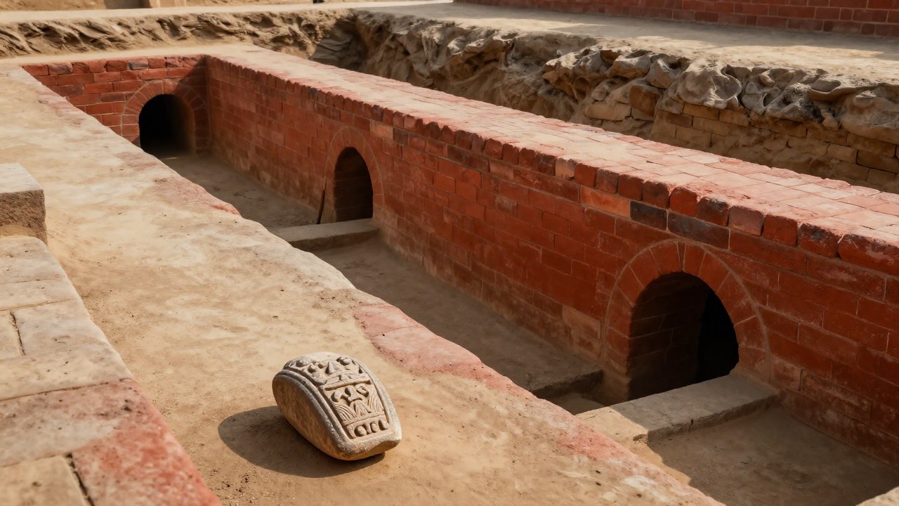 Sección de canal de ladrillos y artefacto de la civilización del Indo en una excavación arqueológica.