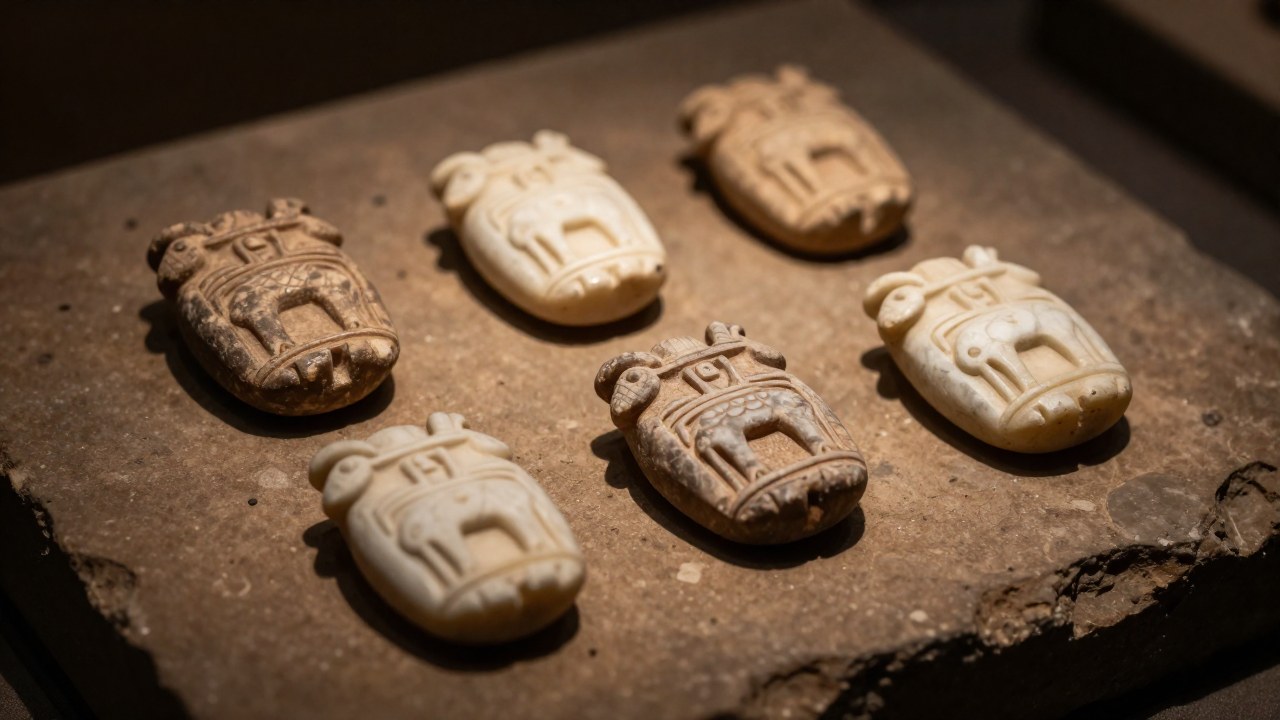 Sellos antiguos de Mohenjo-Daro con intrincados motivos animales y patrones geométricos sobre piedra.