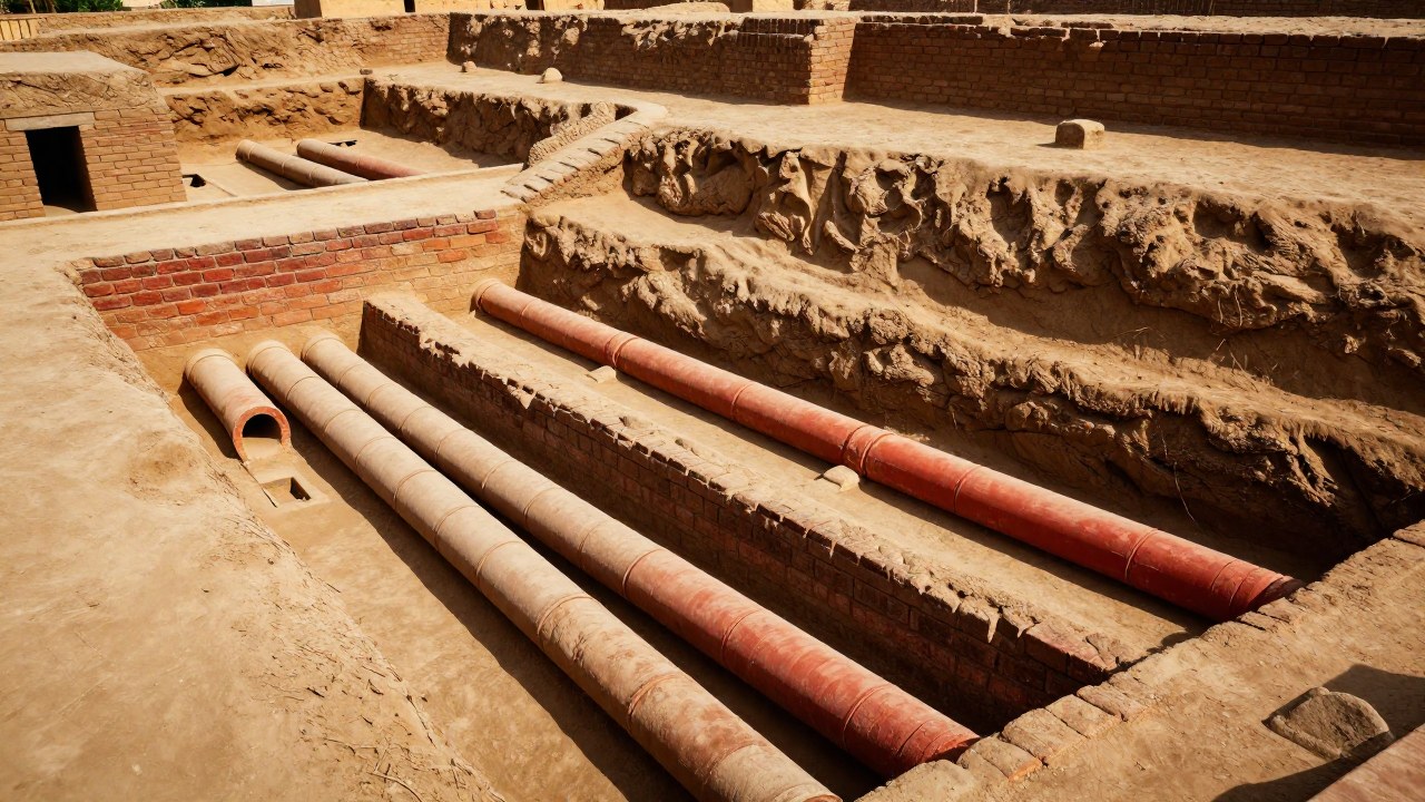 Red de canales y tuberías de saneamiento en una excavación arqueológica de Mohenjo-Daro.