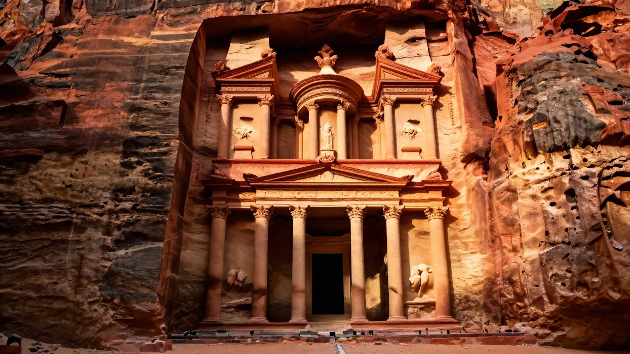 Canal de agua tallado integrado en la masiva fachada de arenisca Nabatea en Petra, Jordania.
