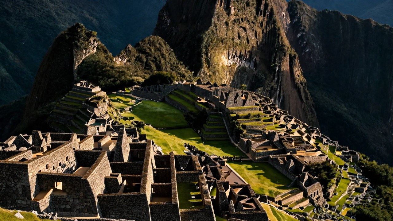Mampostería inca monumental integrada en el terreno empinado de Machu Picchu, mostrando su maestría arquitectónica.