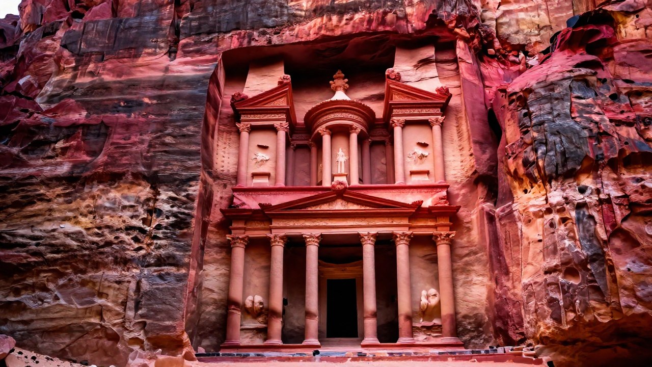 Fachada monumental de Petra tallada en acantilado de arenisca rosada en un paisaje desértico.