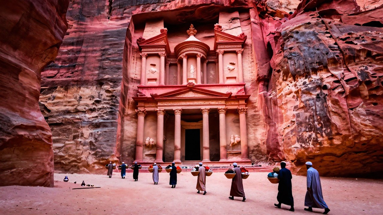 Comerciantes transportan mercancías a través del estrecho Siq de Petra, frente a las majestuosas fachadas rocosas.
