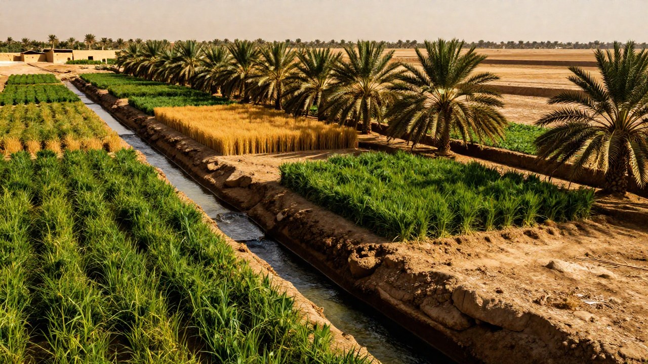 Campos de cultivos mesopotámicos que prosperan gracias a un complejo sistema de irrigación.