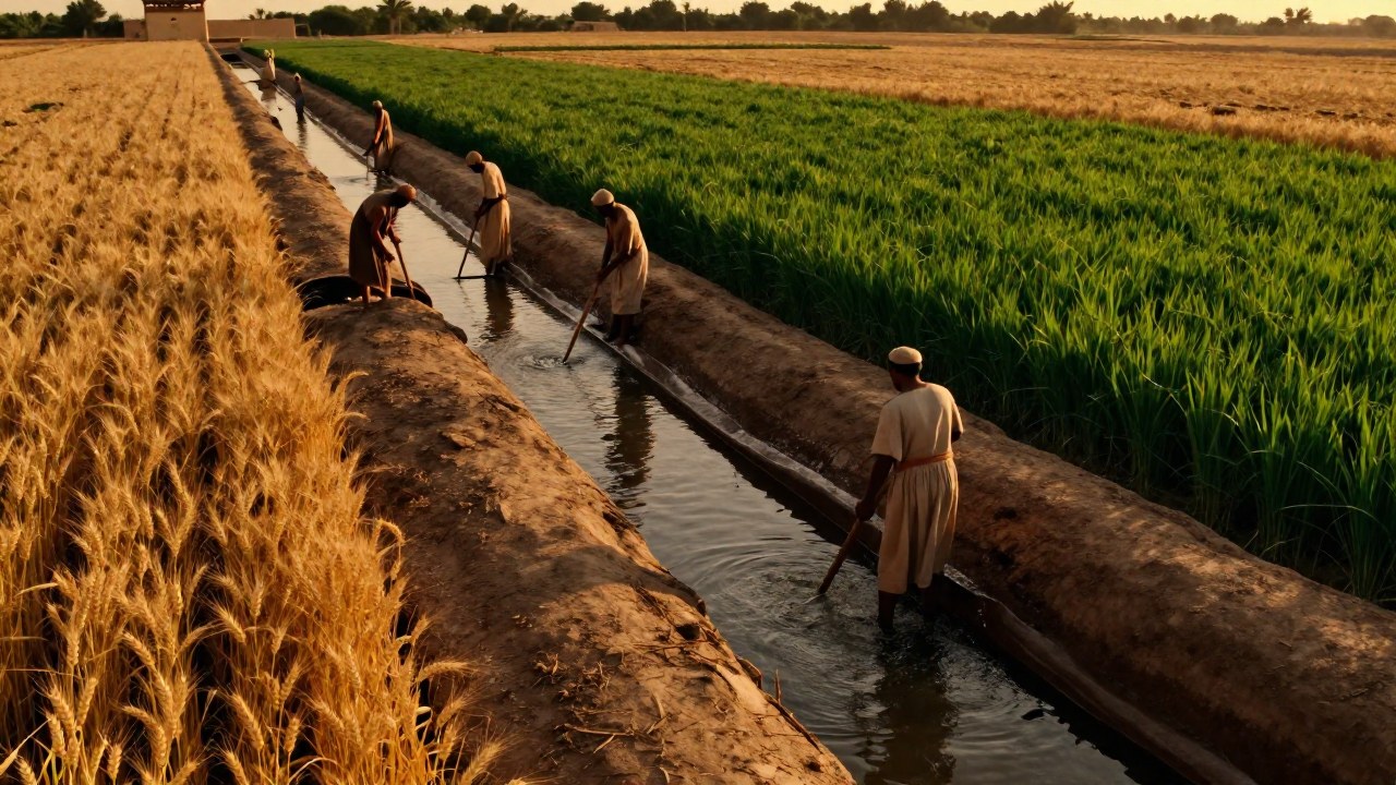 Trabajadores antiguos en Mesopotamia mantienen canales de irrigación en campos de trigo y cebada.