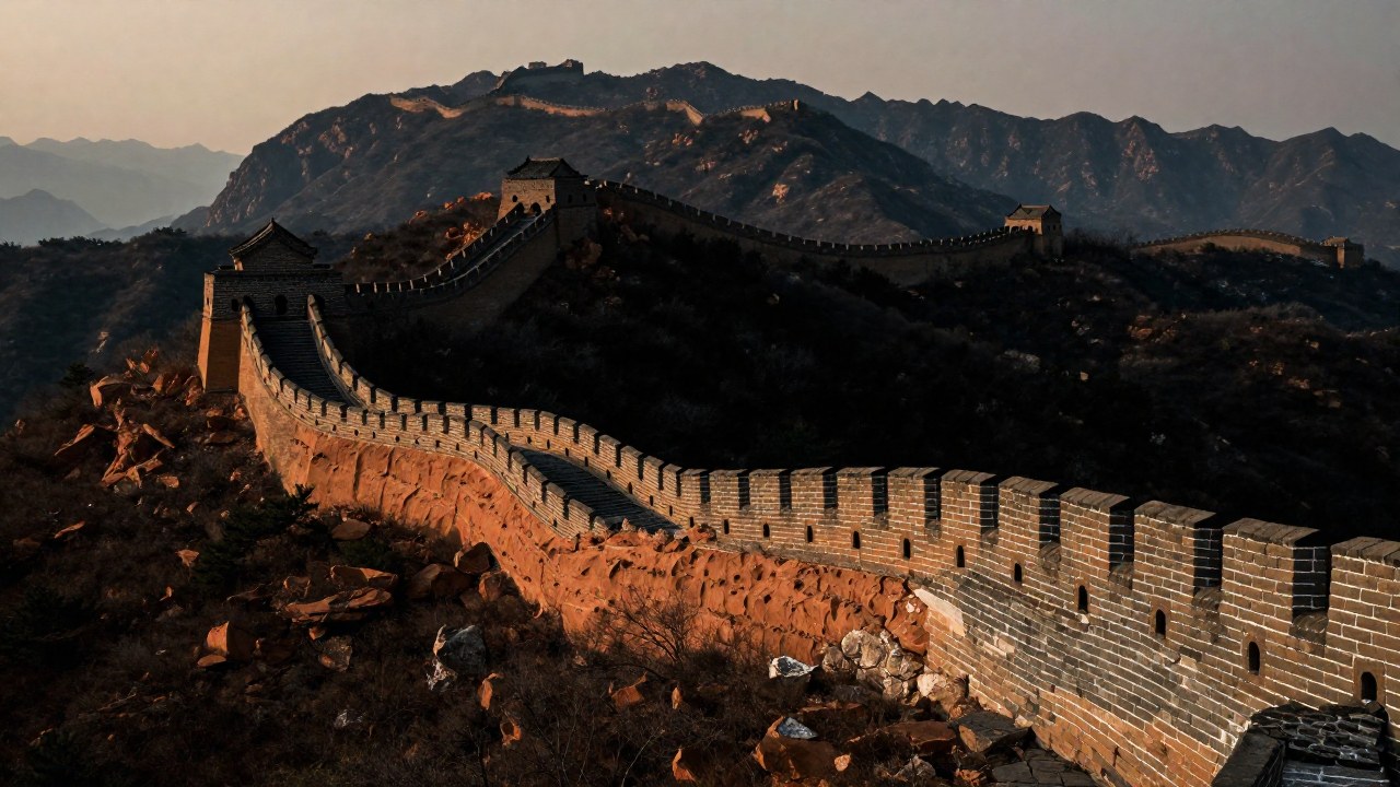 Gran Muralla de China serpentea por montañas, mostrando un contraste entre rampas de tierra y mampostería de ladrillo.