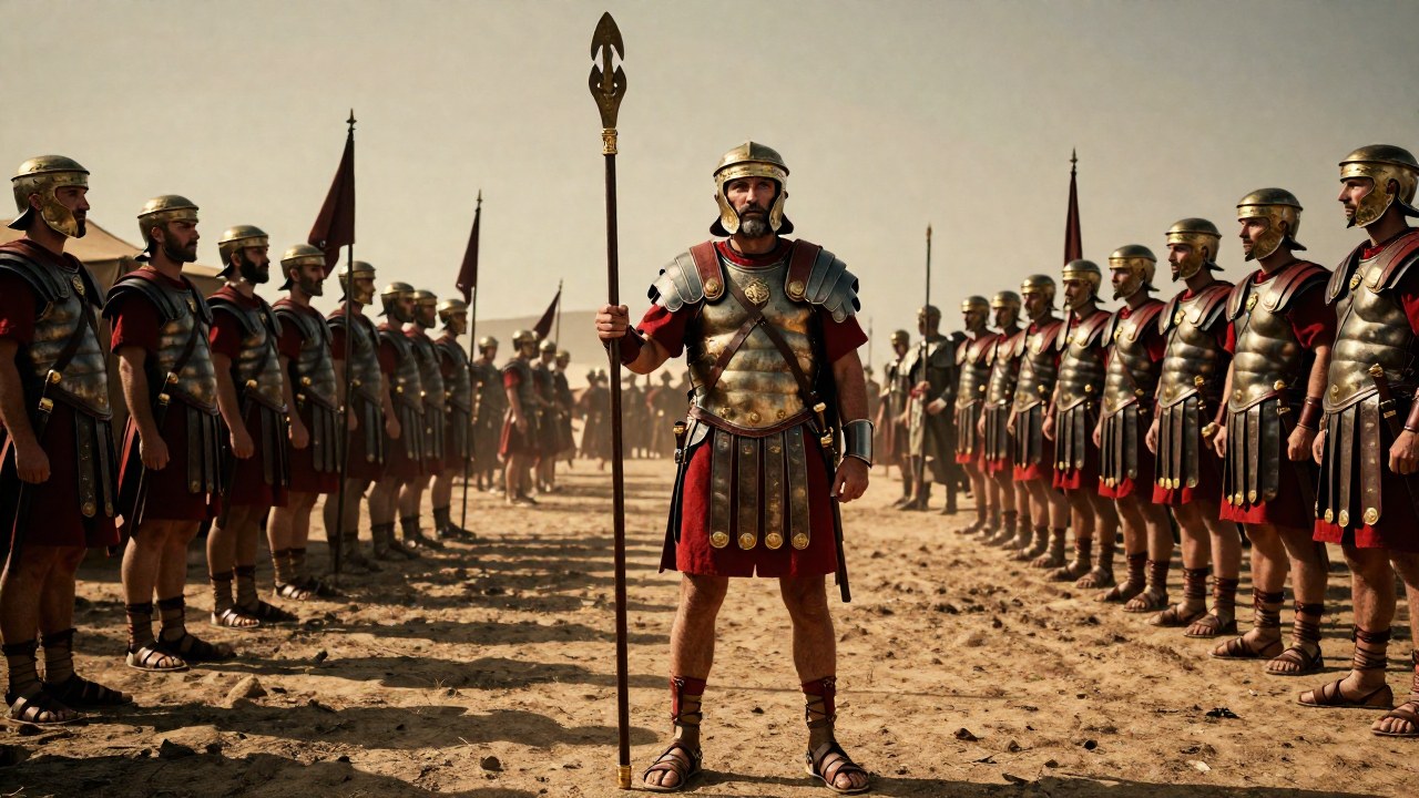 Un veterano legionario romano de alta posición en el campamento militar, flanqueado por su cohorte.