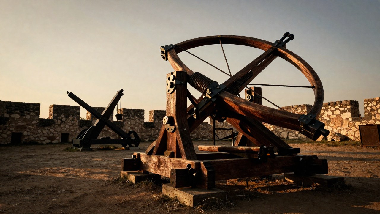 Ballista romana masiva en campamento militar, ilustrando la compleja tecnología de las máquinas de asedio antiguas.
