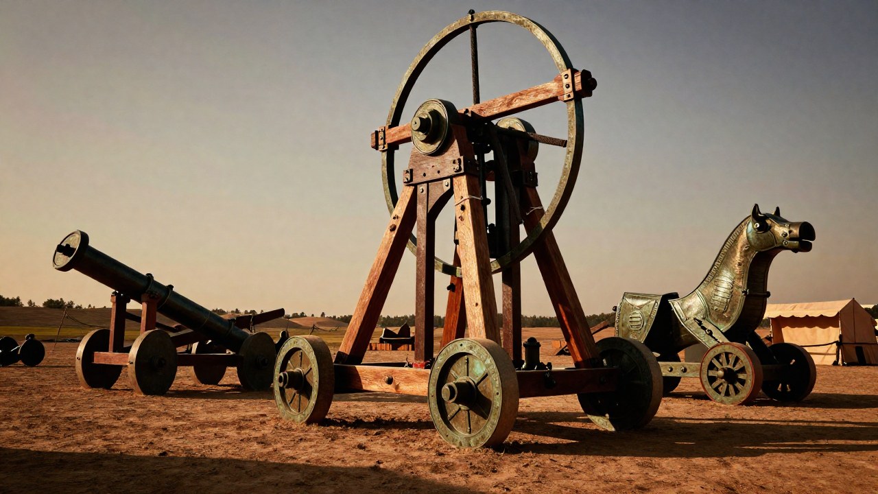 Varios motores de asedio históricos, incluida una Ballista romana, dispuestos en un campo de batalla.
